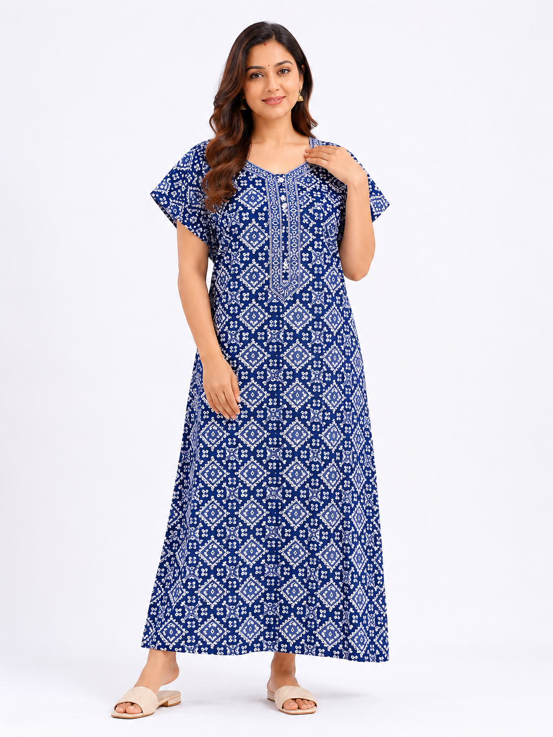 Pure Cotton Half Sleeve Allen Cut Nighty | Blue