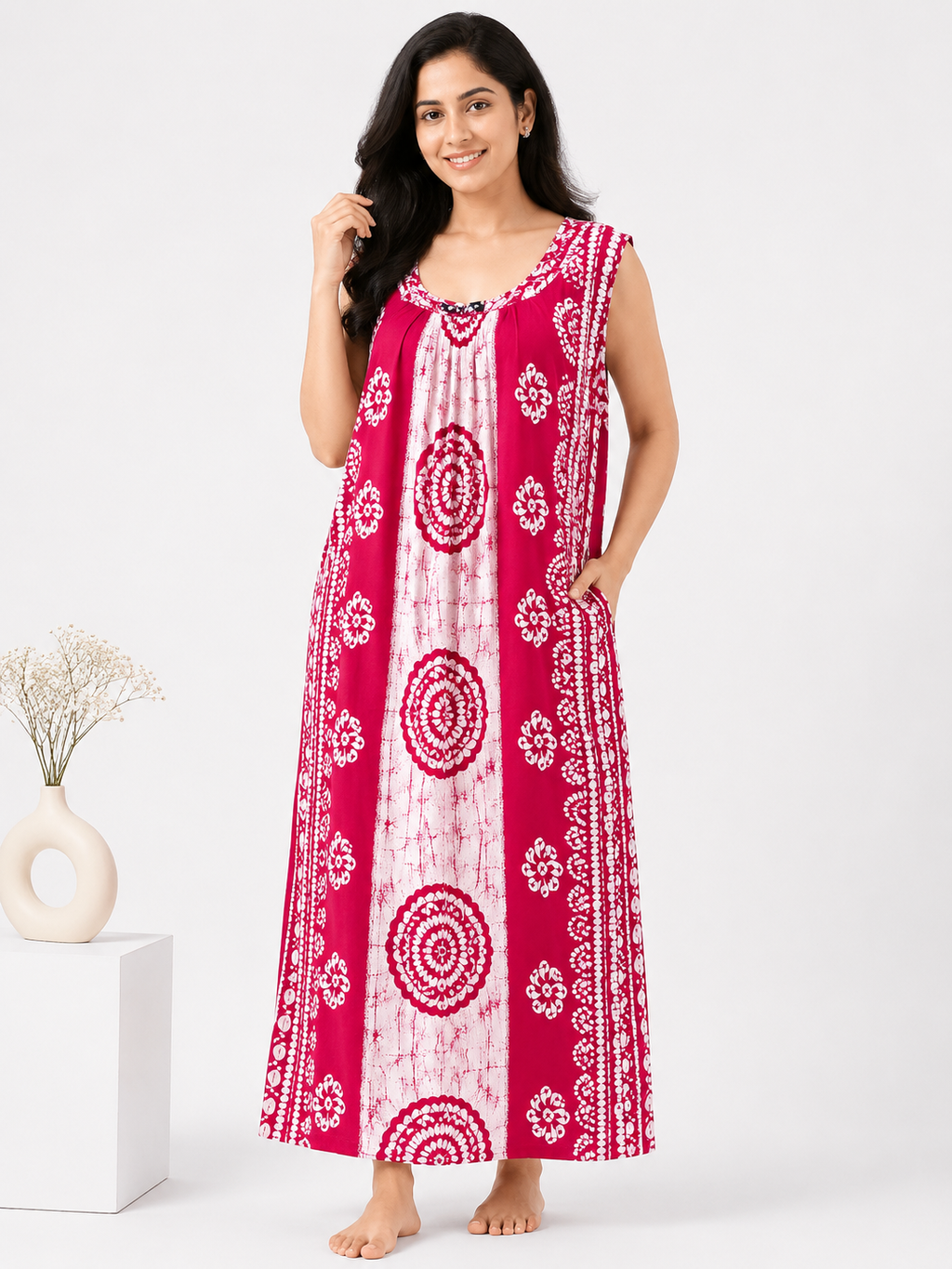 Pure Cotton Sleeveless Nighty | Red