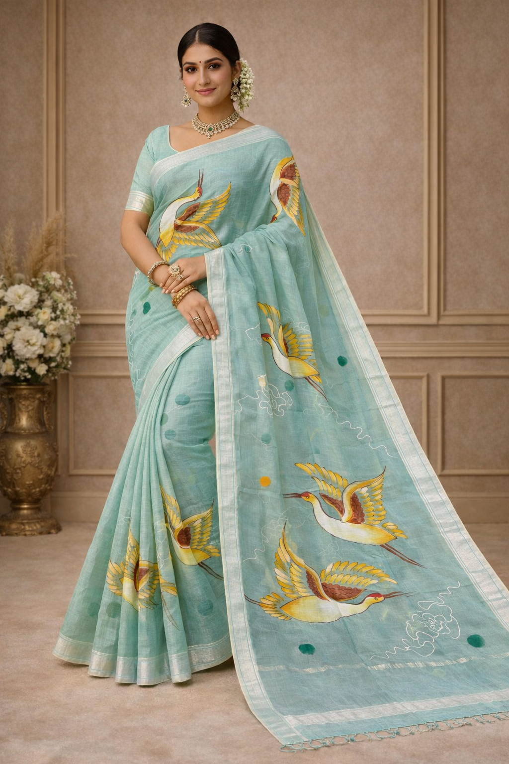 Hand Print Resham Kota Saree| Sky Blue