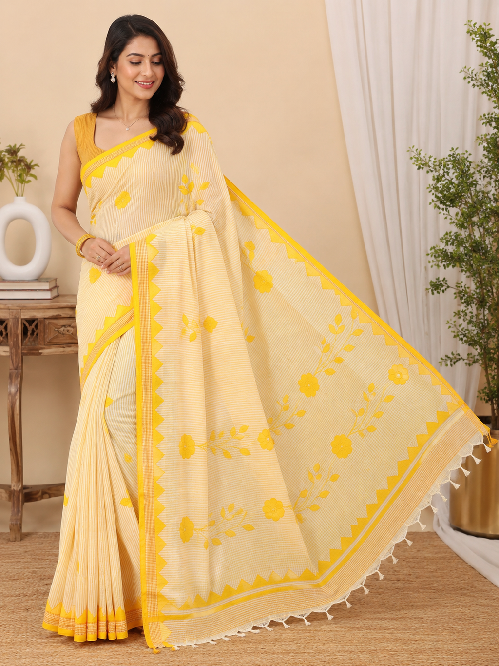 Pure Stitch work Applique Cotton Saree| Yellow