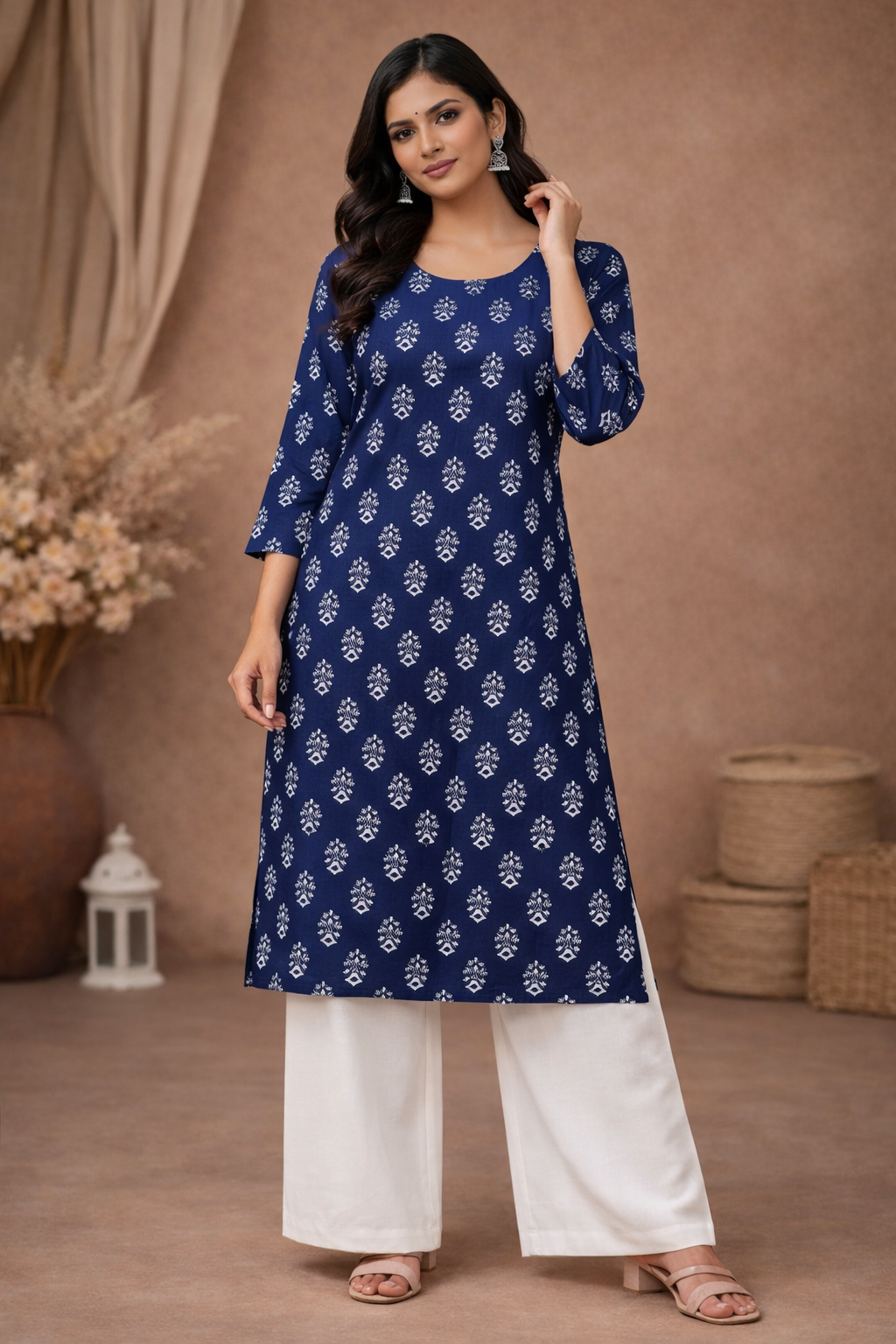 L Size| Basic Cotton Printed Kurti | Blue