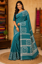 Pure Lilen Saree Fabric Work| Green