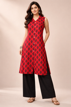 3XL Size| Pure Rayon Collar Sleeveless Printed Kurti| Red