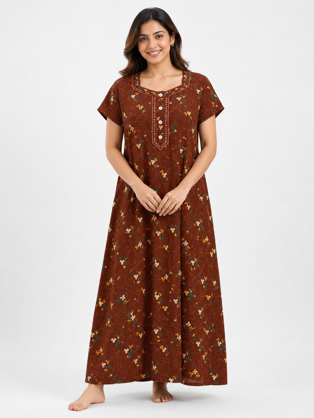 Pure Cotton Half Sleeve Allen Cut Nighty | Brown