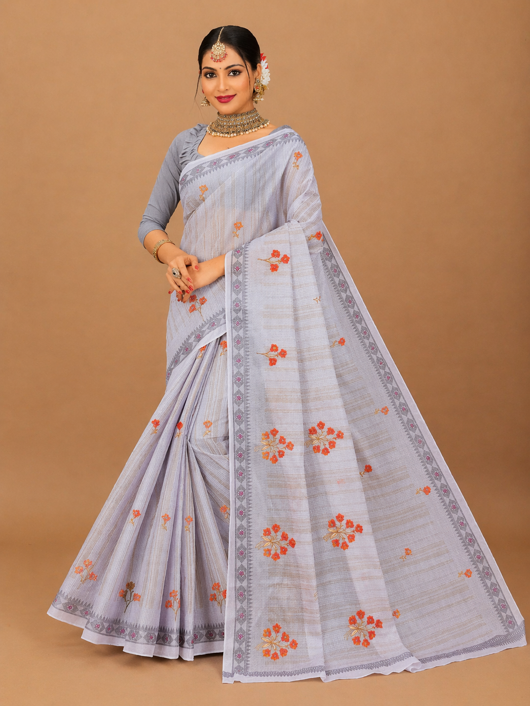 Pure Cotton Stitch work Saree| Grey