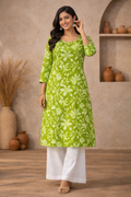 L Size| Basic Cotton Printed Kurti | Green