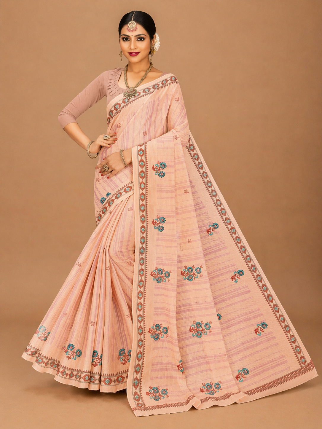 Pure Cotton Stitch work Saree| Peach