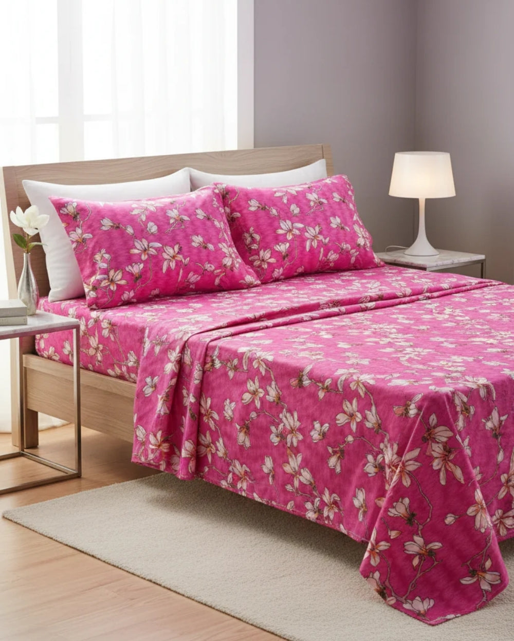 Medium| Pure Cotton Double Sheet Set (5ft x 7ft) + 2 Pillow Covers |Pink