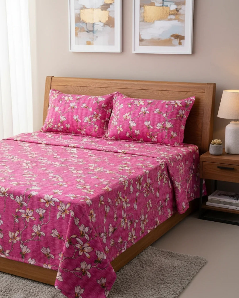 Medium| Pure Cotton Double Sheet Set (5ft x 7ft) + 2 Pillow Covers |Pink