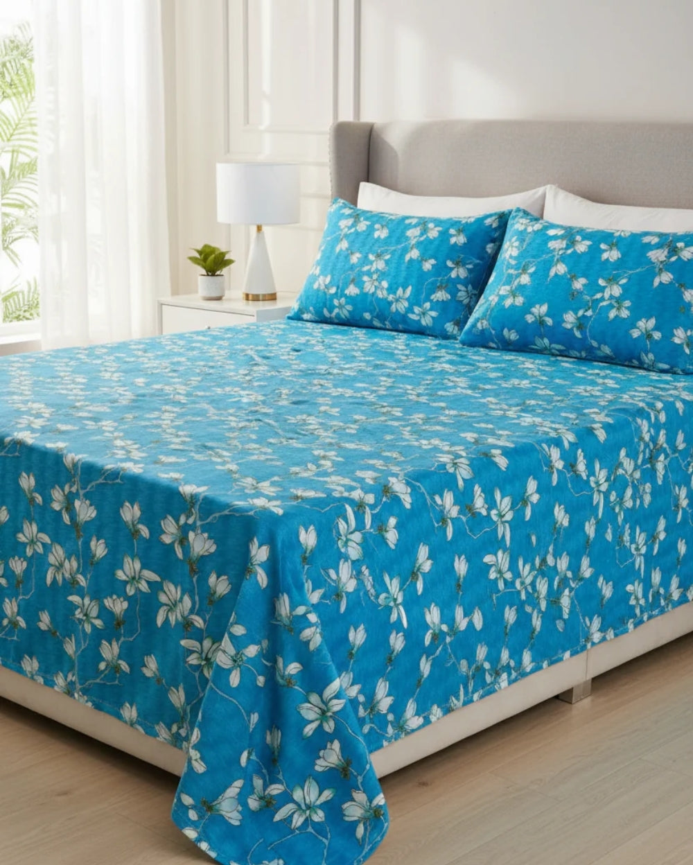 Medium| Pure Cotton Double Sheet Set (5ft x 7ft) + 2 Pillow Covers |Blue