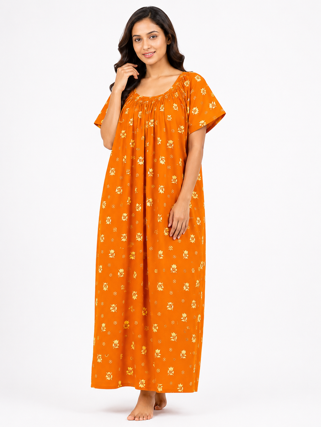 Pure Cotton Half Sleeve Nighty | Yellow