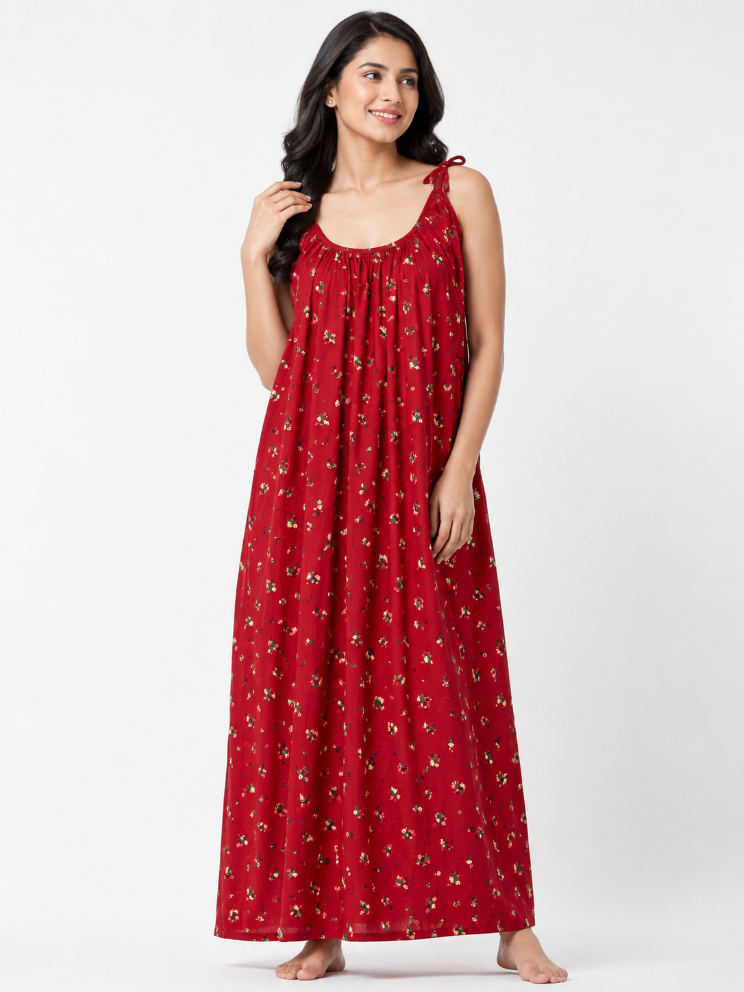 Pure Cotton Sleeveless knot round Cut Nighty |Red