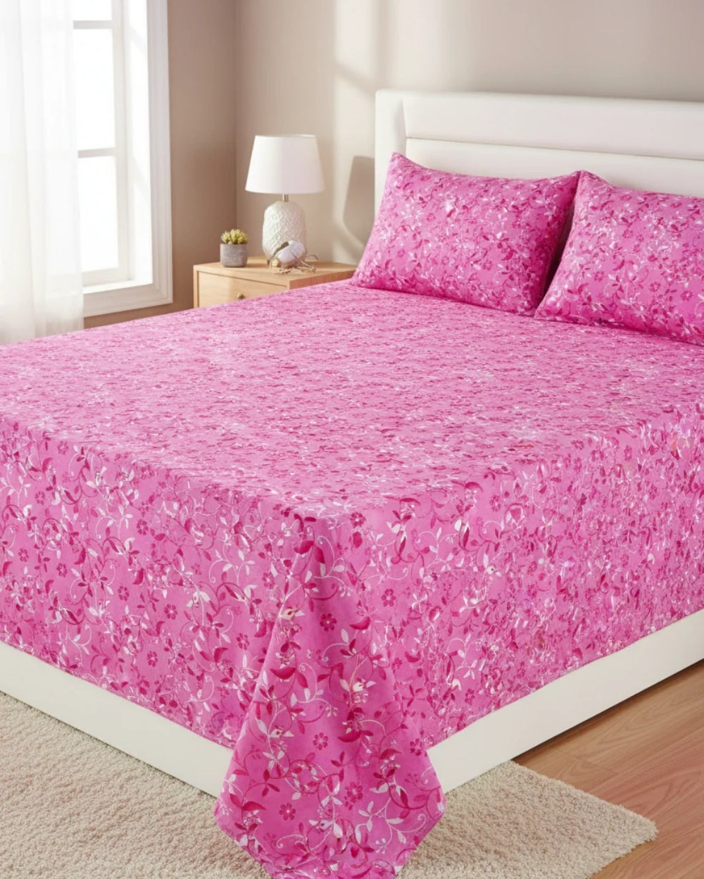 Medium| Pure Cotton Double Sheet Set (5ft x 7ft) + 2 Pillow Covers |Pink