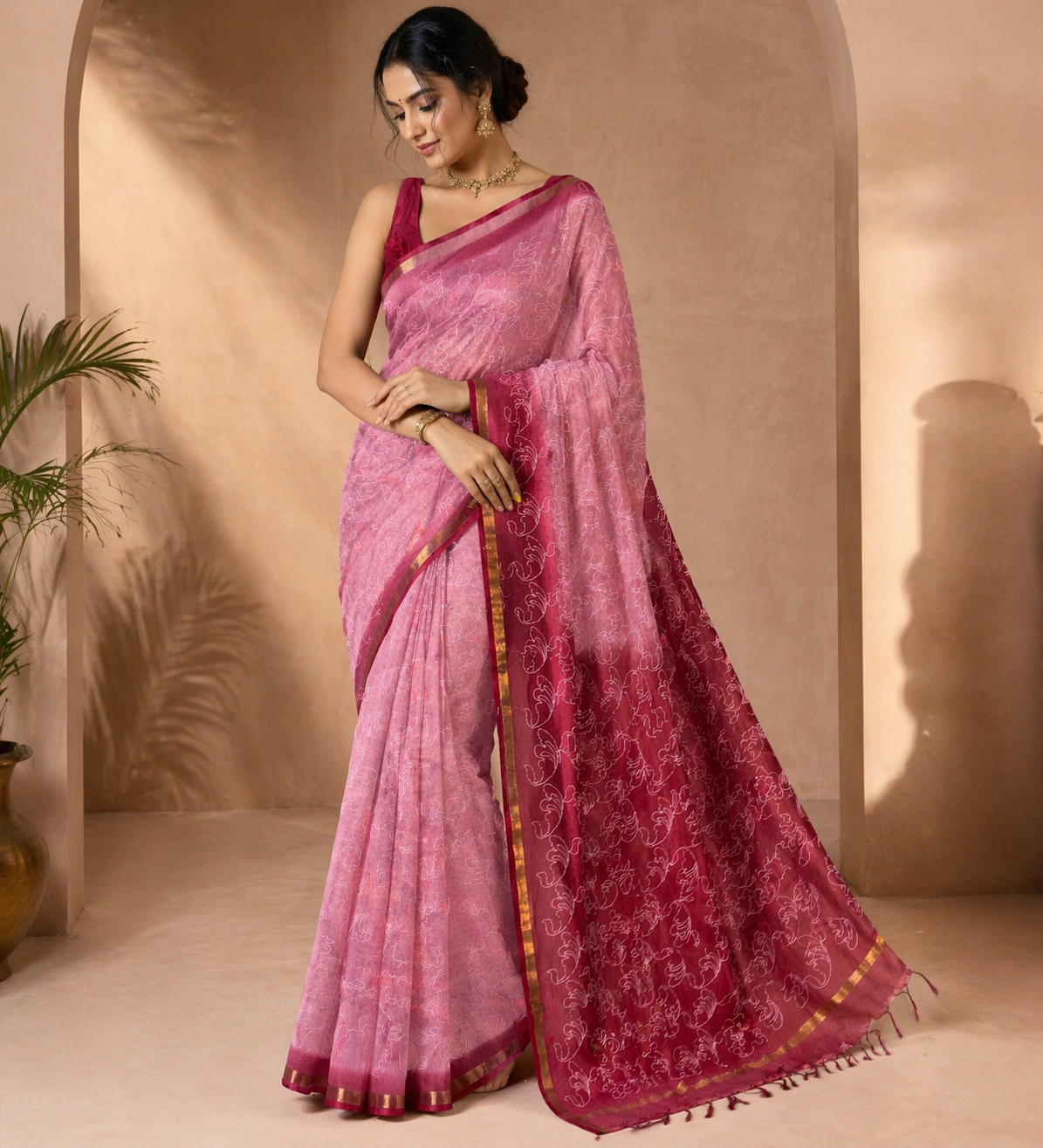 Silk Saree With Stitched Work| Pink