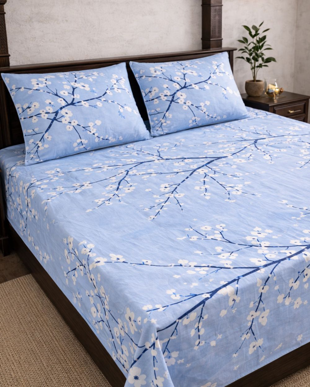 SATAN| Premium Sateen Cotton King Sheet Set (7.5 x 9 ft) |Sky Blue