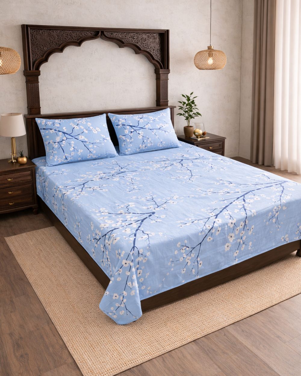 SATAN| Premium Sateen Cotton King Sheet Set (7.5 x 9 ft) |Sky Blue