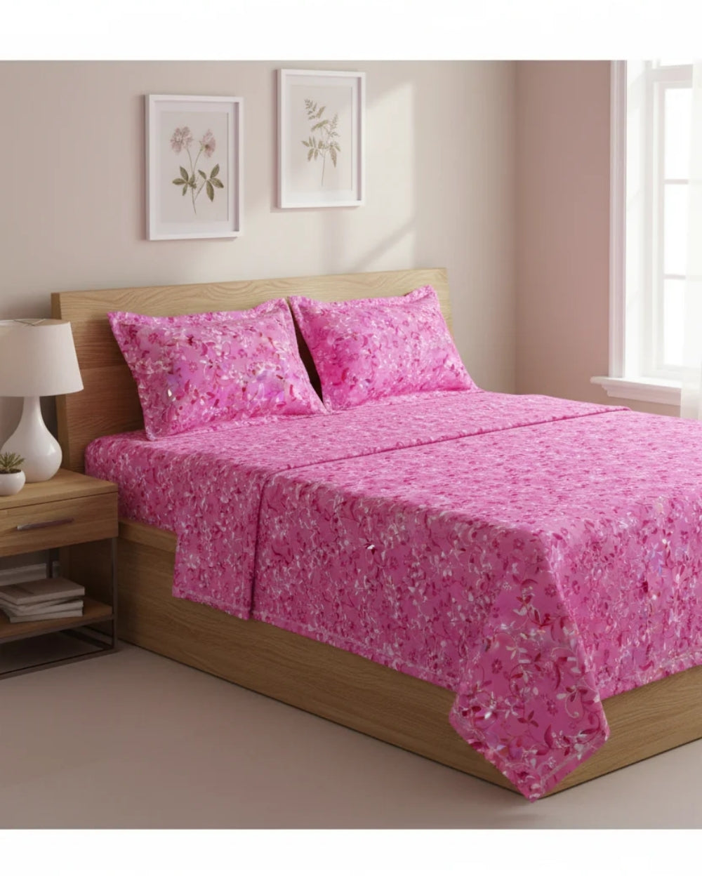 Medium| Pure Cotton Double Sheet Set (5ft x 7ft) + 2 Pillow Covers |Pink