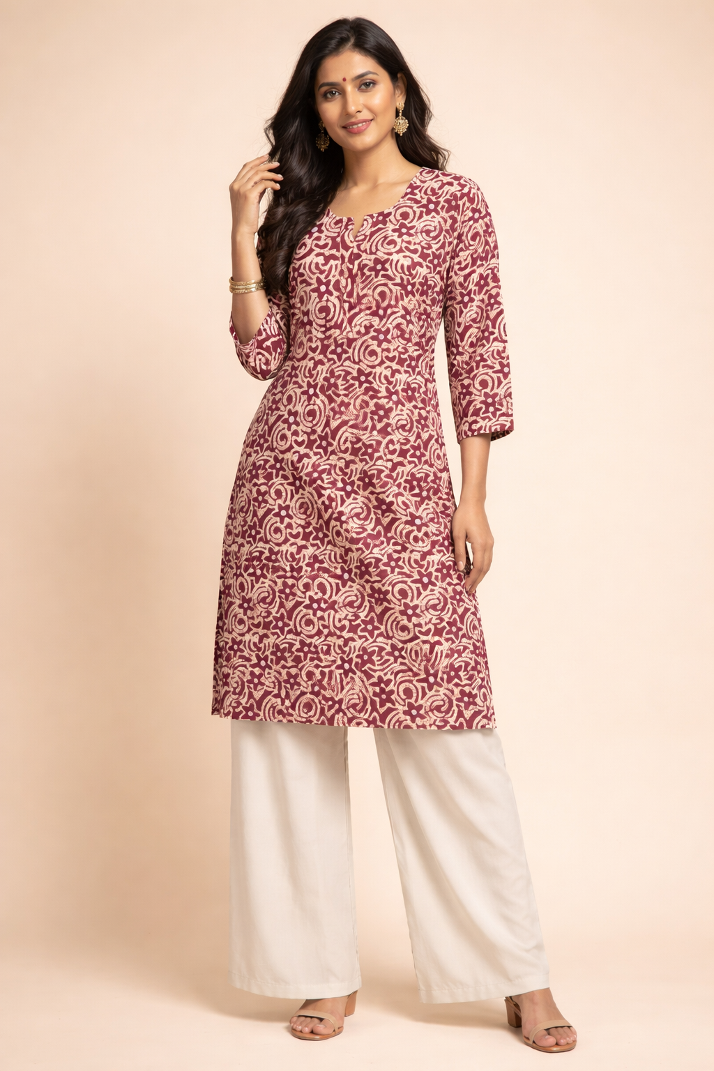 L Size|Basic Cotton Printed Kurti | Brown