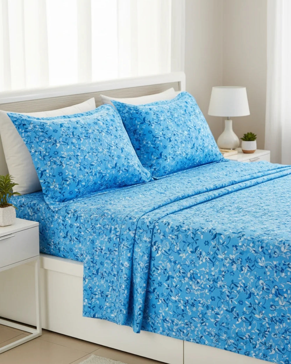 Medium| Pure Cotton Double Sheet Set (5ft x 7ft) + 2 Pillow Covers |Blue