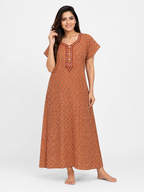 Pure Cotton Half Sleeve Allen Cut Nighty | Brown