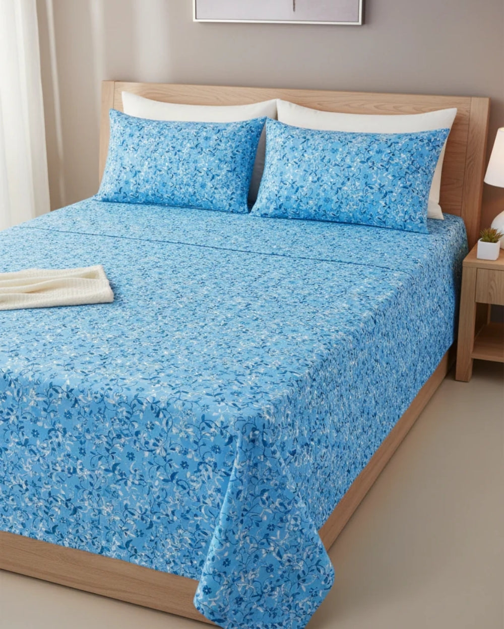 Medium| Pure Cotton Double Sheet Set (5ft x 7ft) + 2 Pillow Covers |Blue