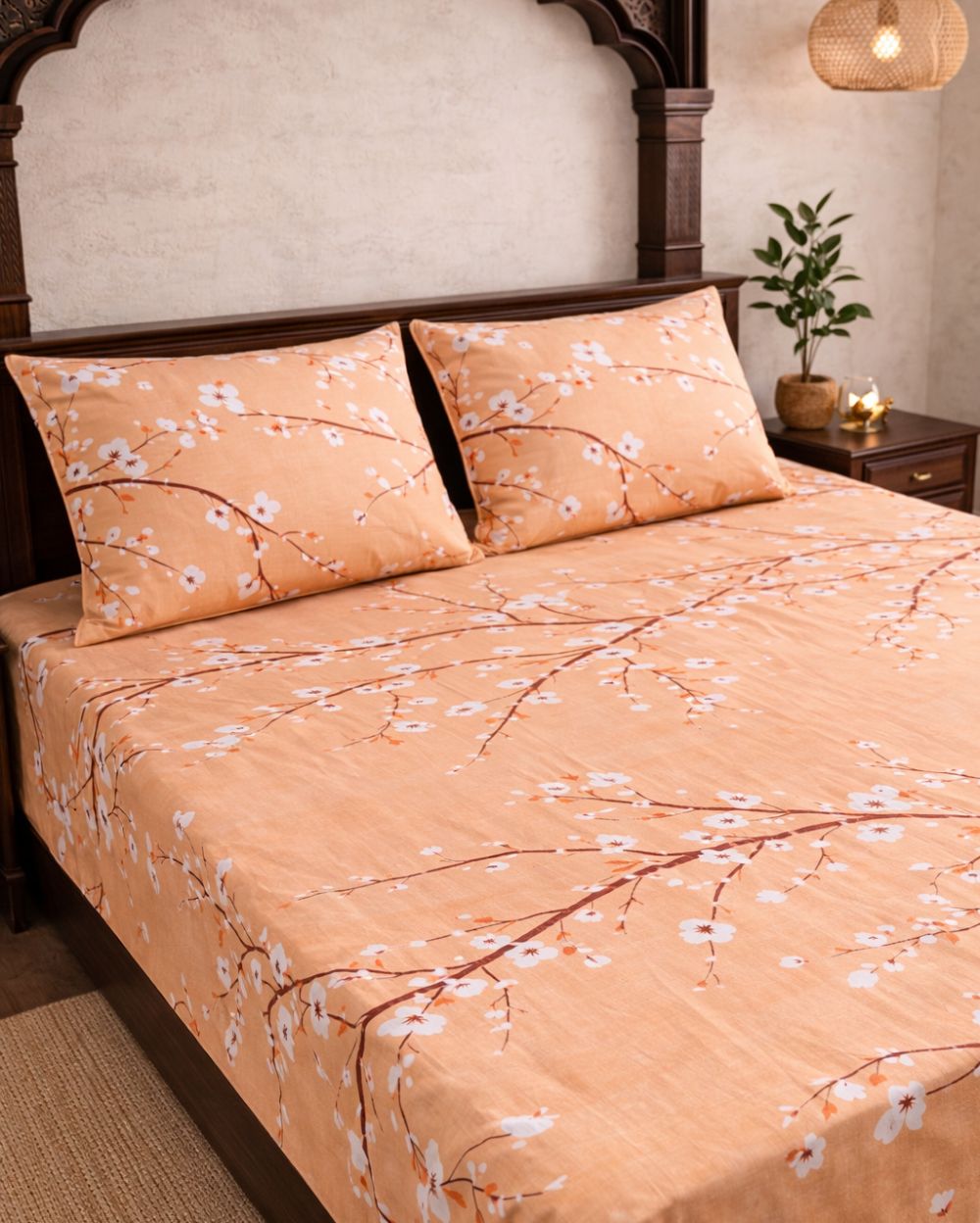 SATAN| Premium Sateen Cotton King Sheet Set (7.5 x 9 ft) |Peach