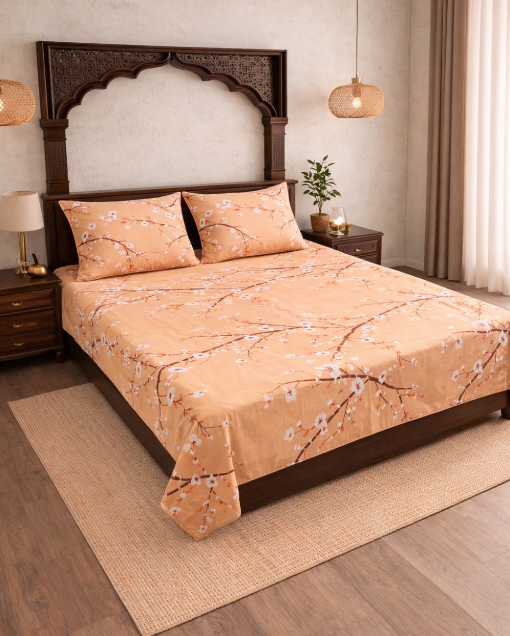 SATAN| Premium Sateen Cotton King Sheet Set (7.5 x 9 ft) |Peach