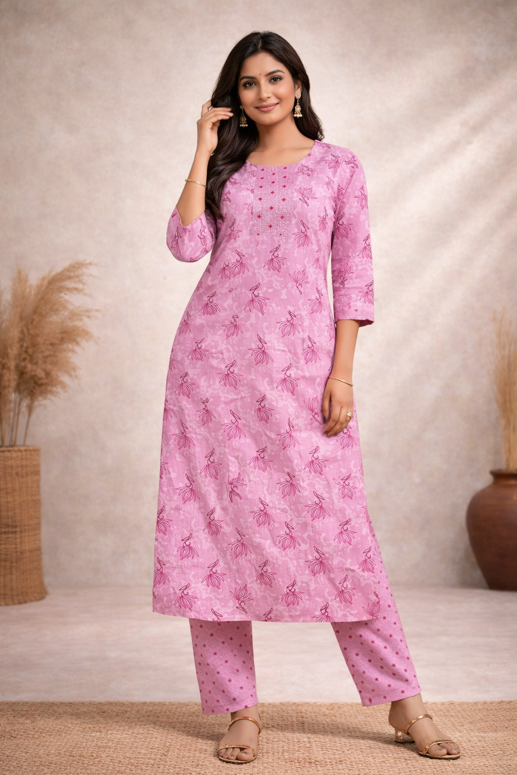 3XL SIZE| Budget Cotton 2 Pieces Print Kurti/Salwar Suit| Pink