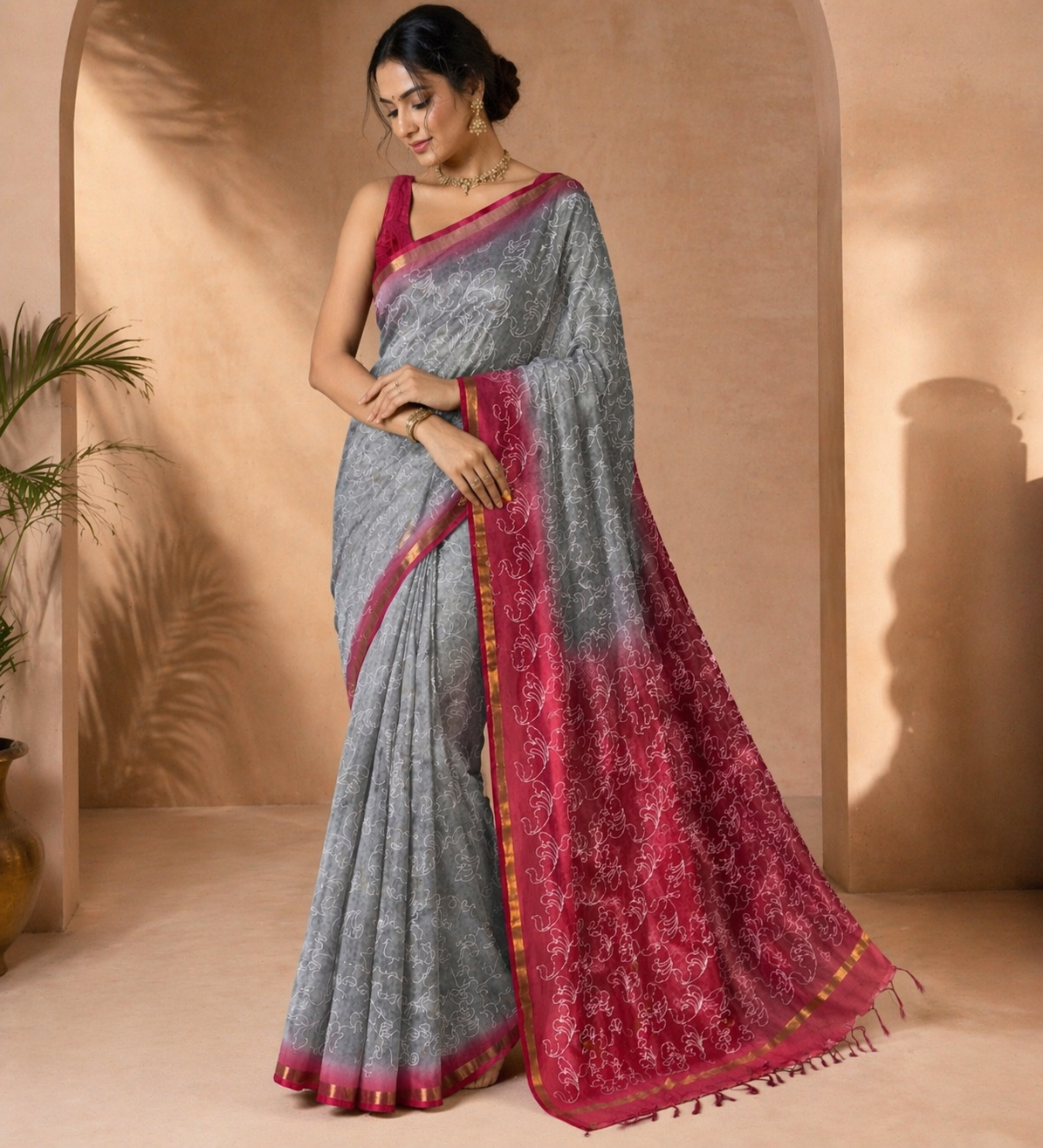 Silk Saree With Stitched Work| Grey