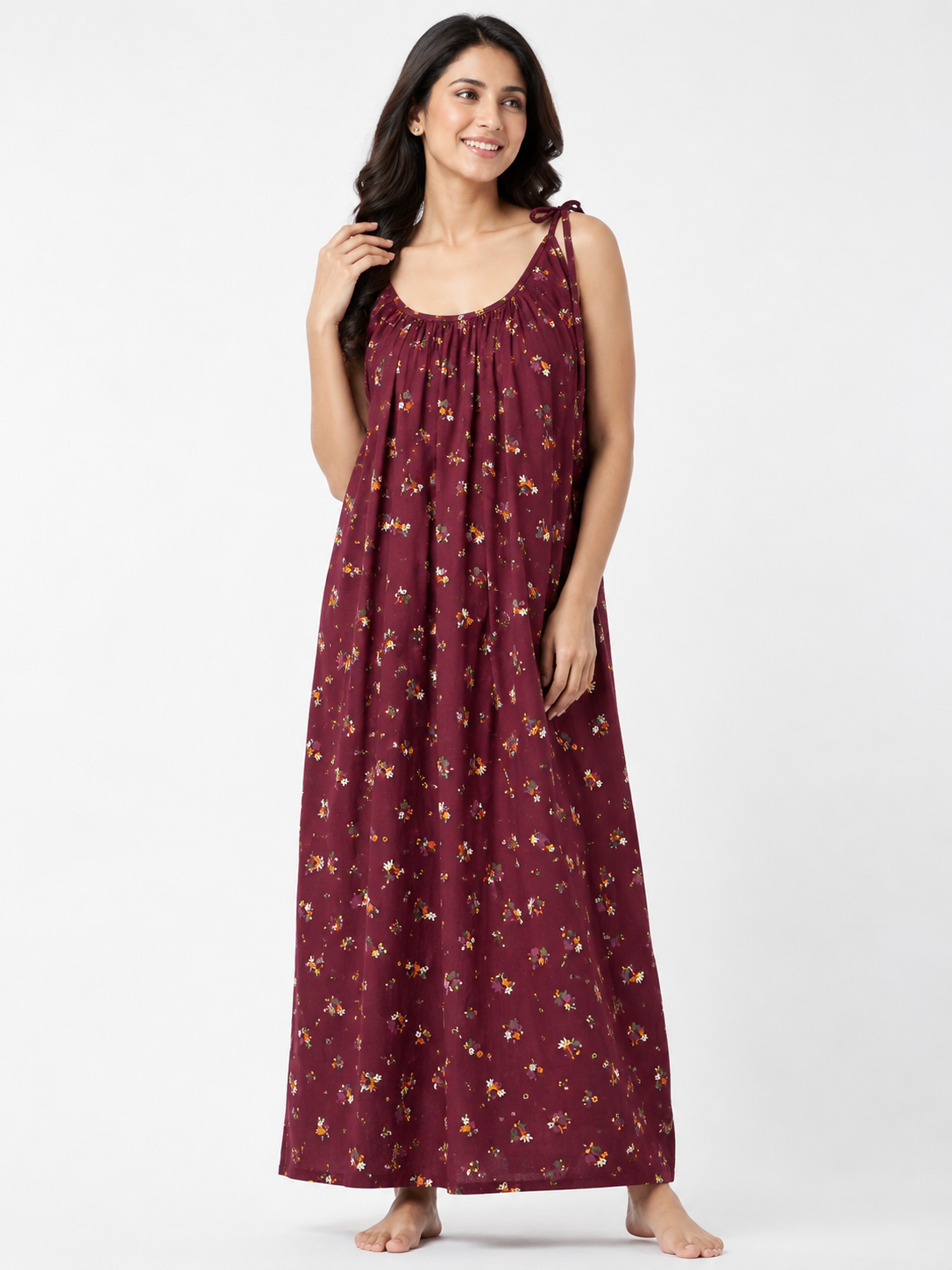 Pure Cotton Sleeveless knot round Cut Nighty | Maroon