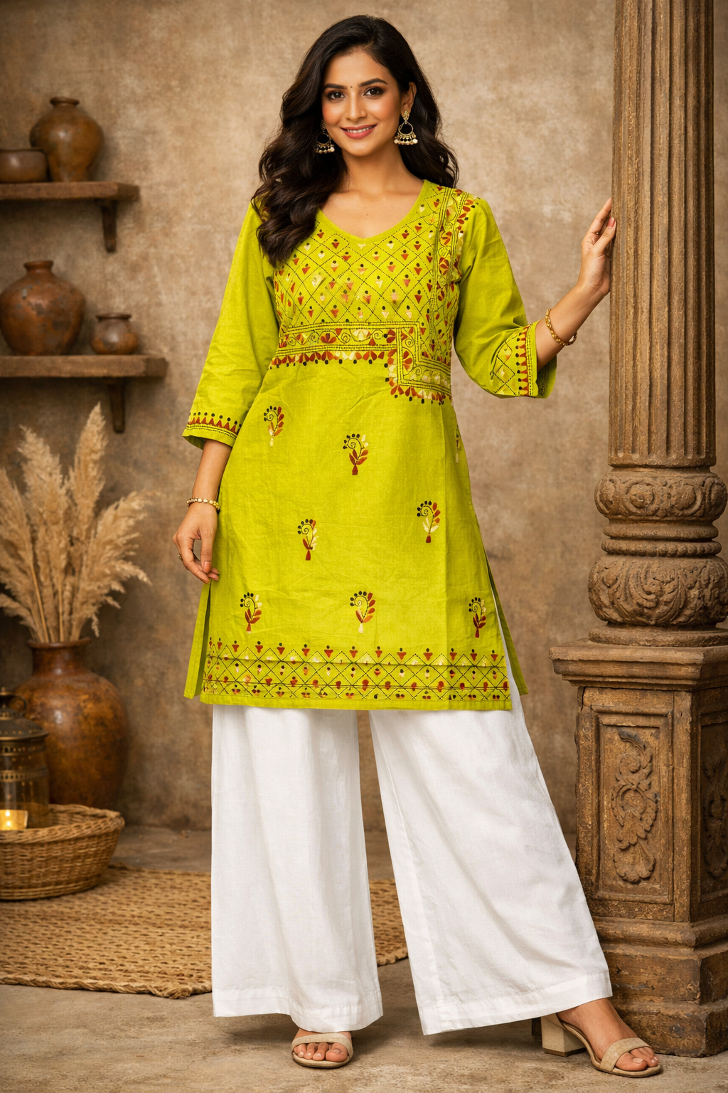 XXL Size|Cotton Katha Stitched V Neck Kurti | Green