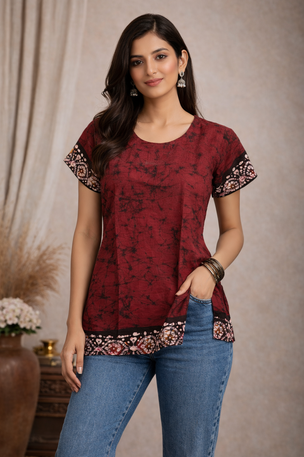 L SIZE |COTTON SHORT BATIK KURTI | Red