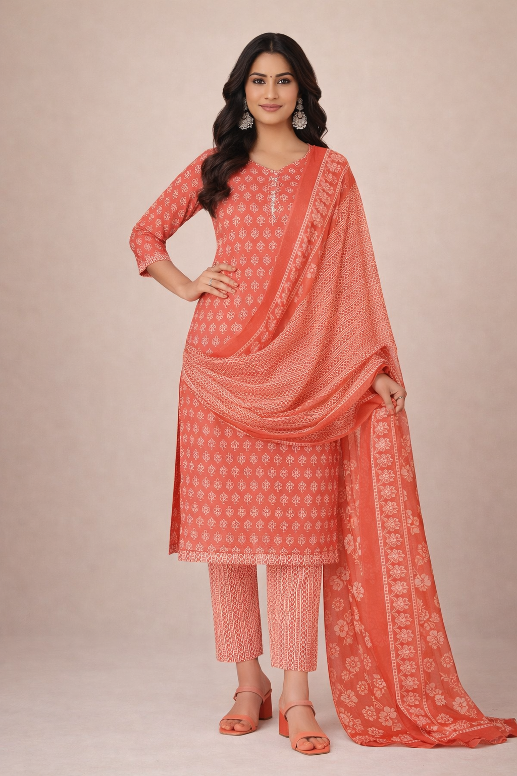 XXL SIZE| Budget Cotton 3 Pieces Printed  Kurti/Salwar Suit| Peach