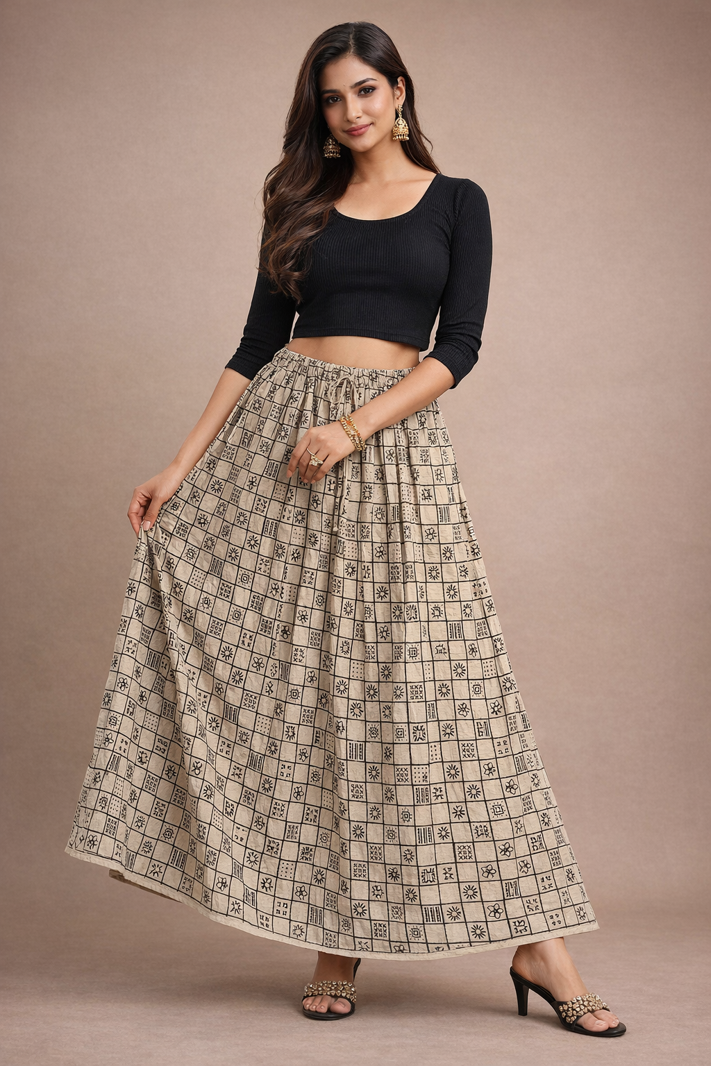 Ladies Cotton Printed Skirt| Beige