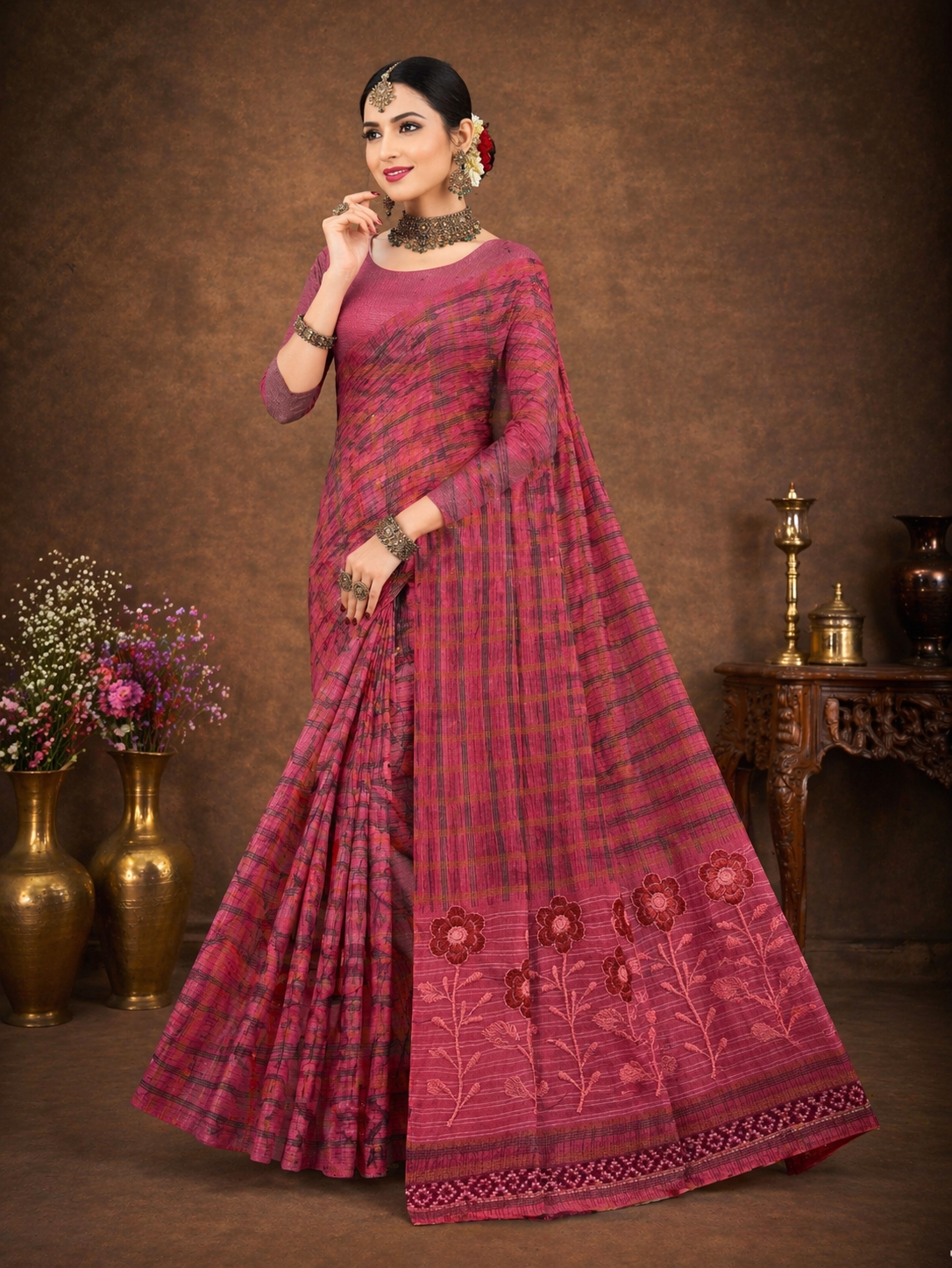 Pure Cotton Stitch work Saree| Red