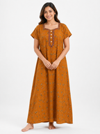 Pure Cotton Half Sleeve Allen Cut Nighty | Brown