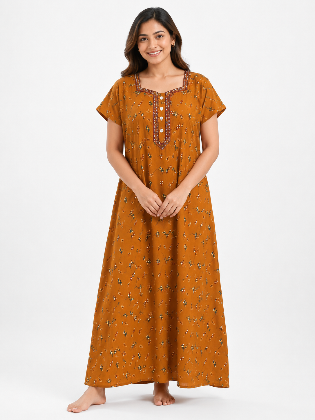 Pure Cotton Half Sleeve Allen Cut Nighty | Brown