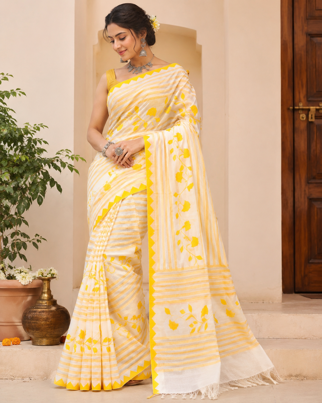 Pure Stitch work Applique Cotton Saree| Yellow