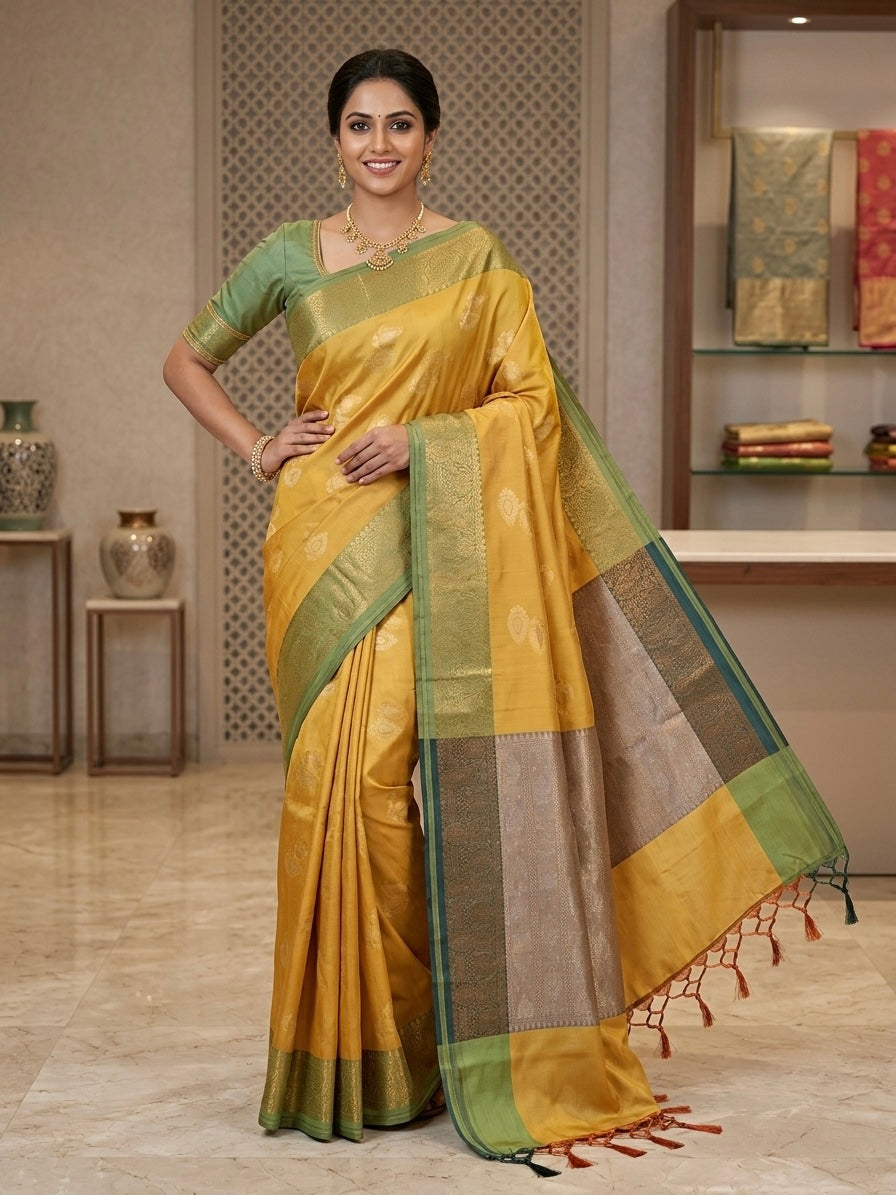 Semi Katan Raw Silk Saree| Dual Tone Yellow