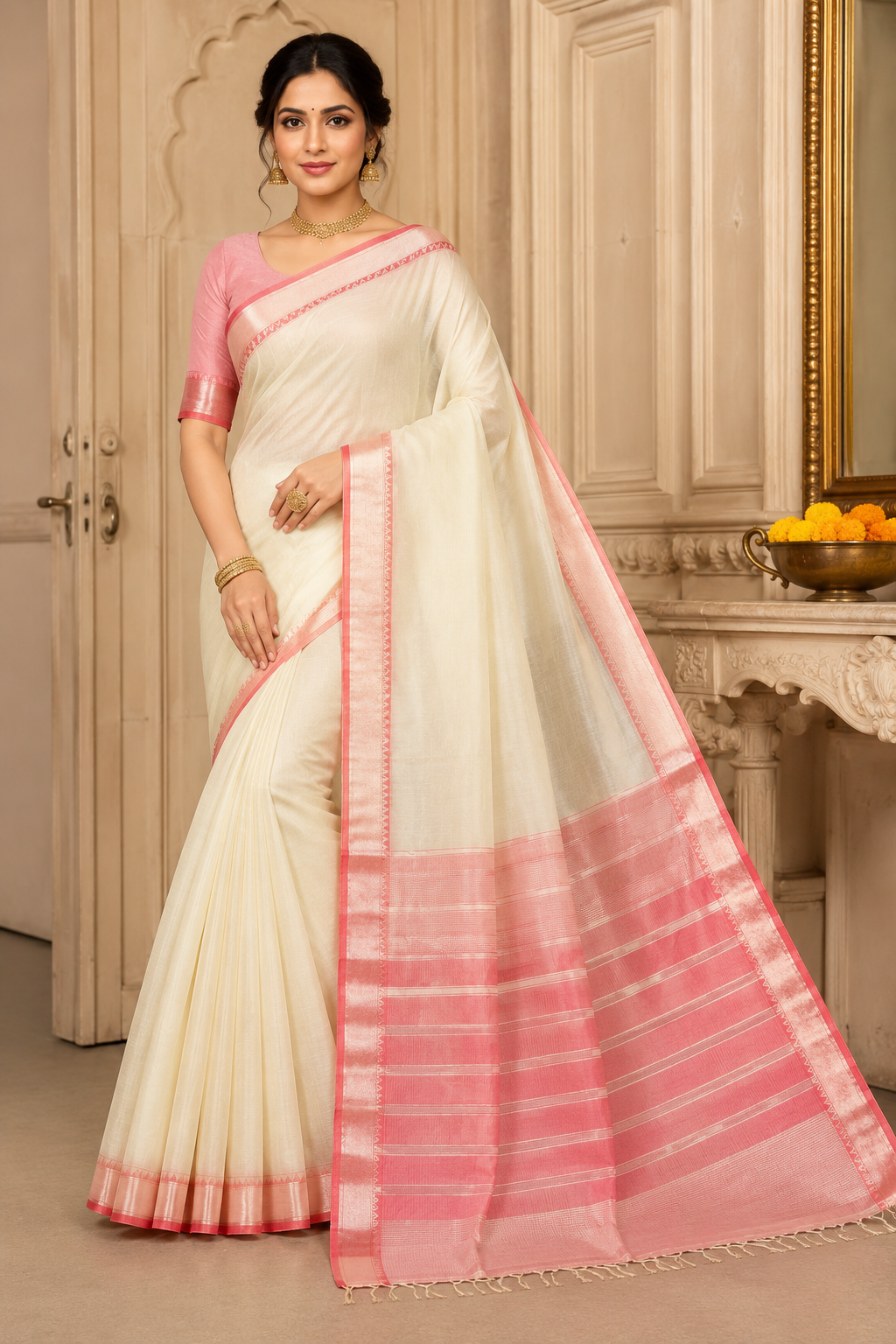Premium Raw Silk Saree| White and Red