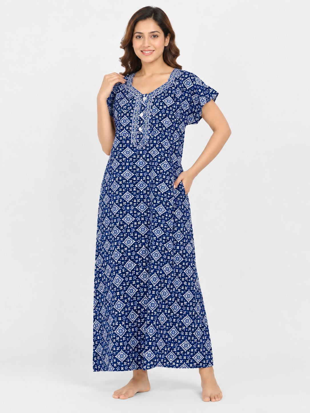 XXL Size| Pure Cotton Half Sleeve Allen Cut Nighty | Blue