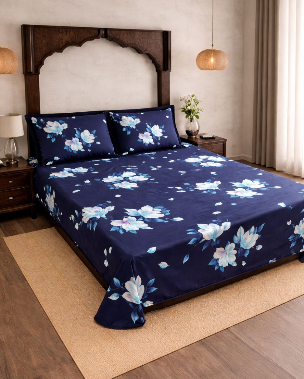 SUPER SATAN| 9x9' Premium Sateen Cotton King Bedsheet| Navy Blue