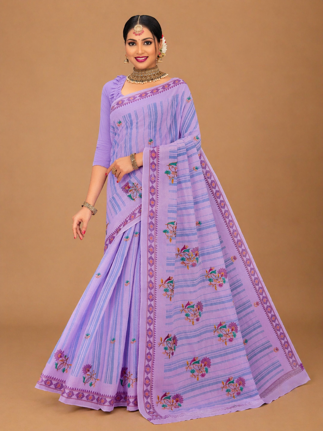 Pure Cotton Stitch work Saree| Lavender blue