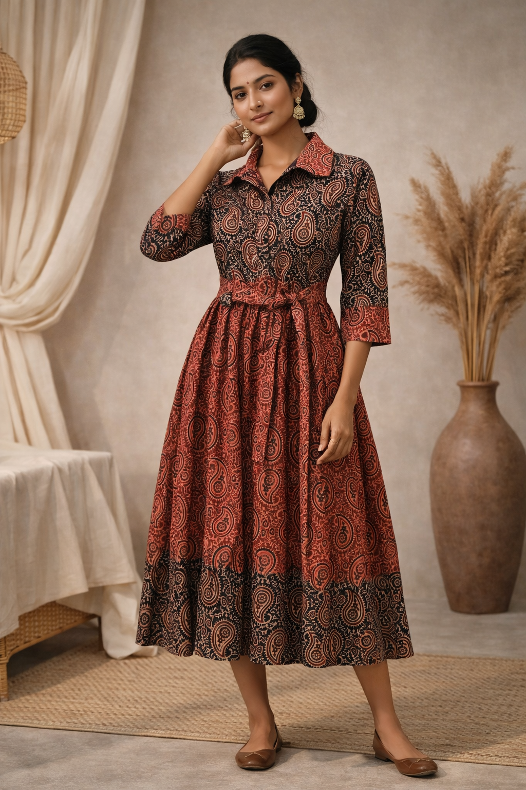 XL Size| Cotton Azrak Printed Frock Pattern Collar Gown/one piece| Black