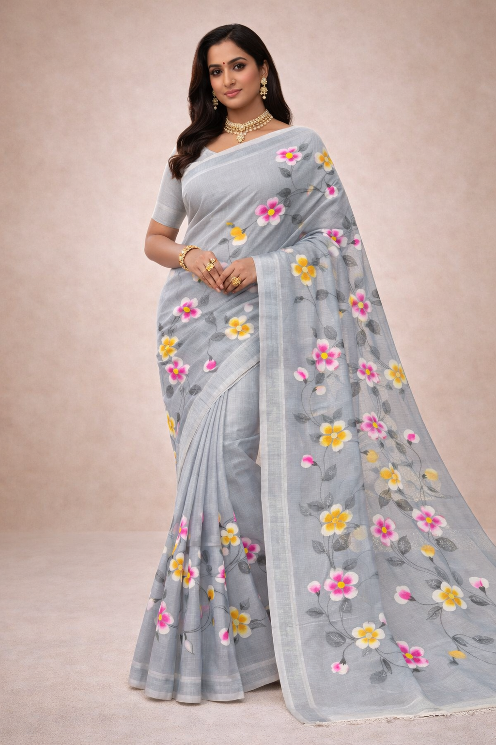 Hand Print Resham Kota Saree| Grey