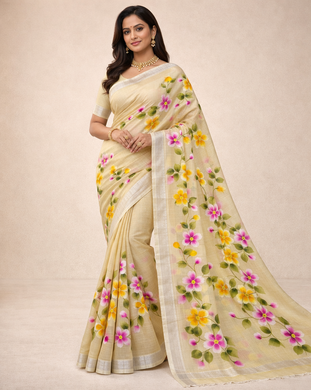 Hand Print Resham Kota Saree| Yellow