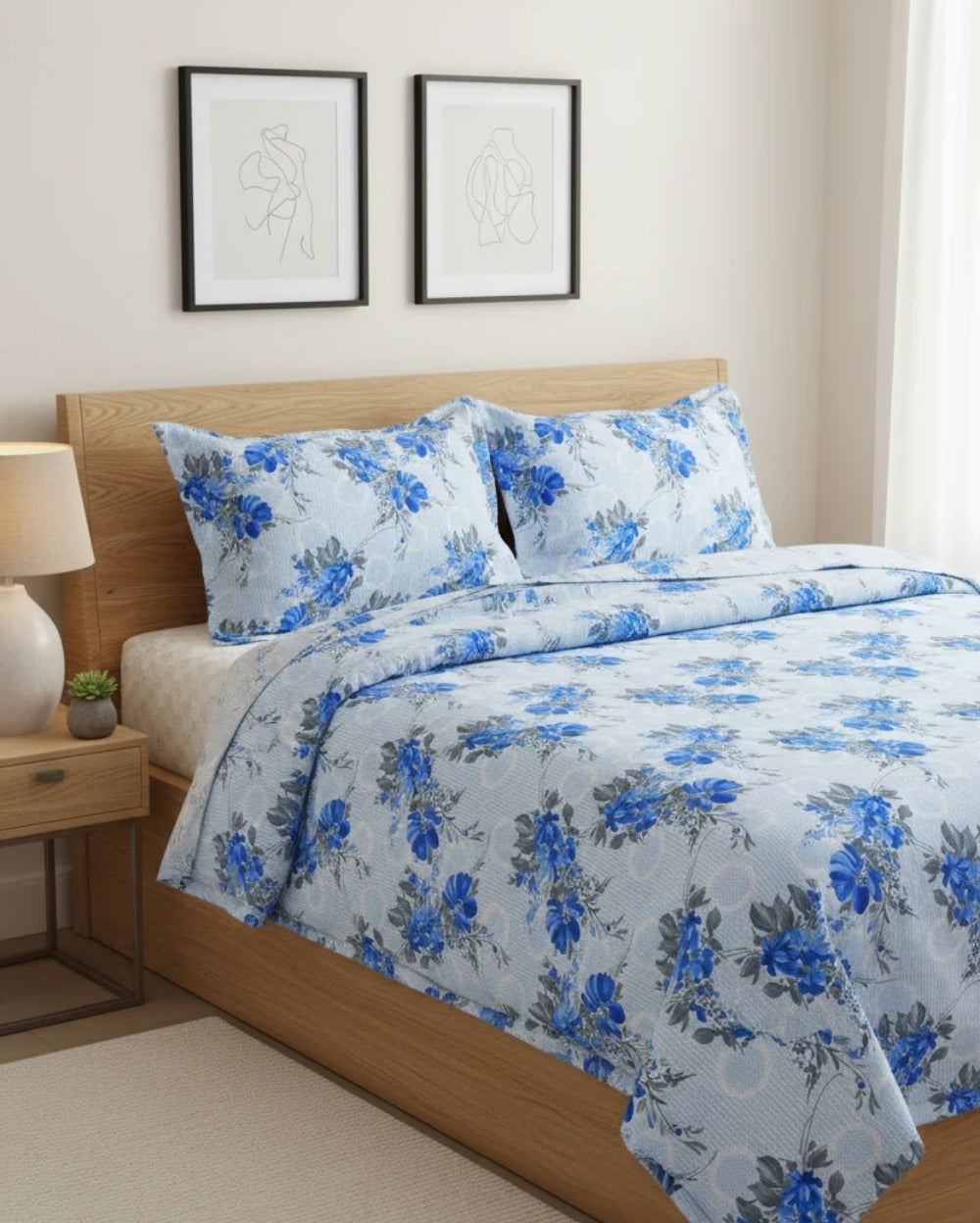 Medium| Pure Cotton Double Sheet Set (5ft x 7ft) + 2 Pillow Covers | Blue