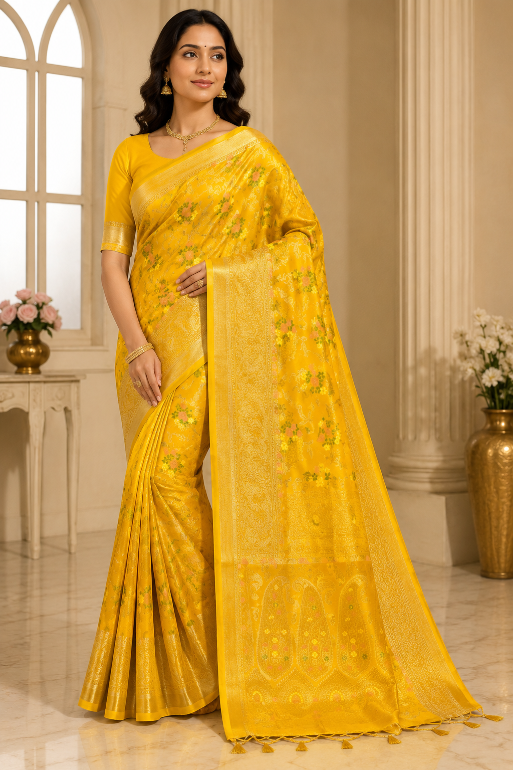 Pashmina Raw Silk Saree| Yellow