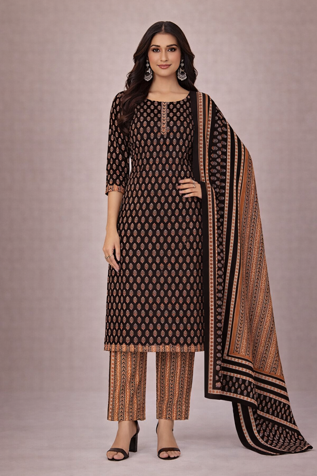 L SIZE| Budget Cotton 3 Pieces Printed  Kurti/Salwar Suit| Black