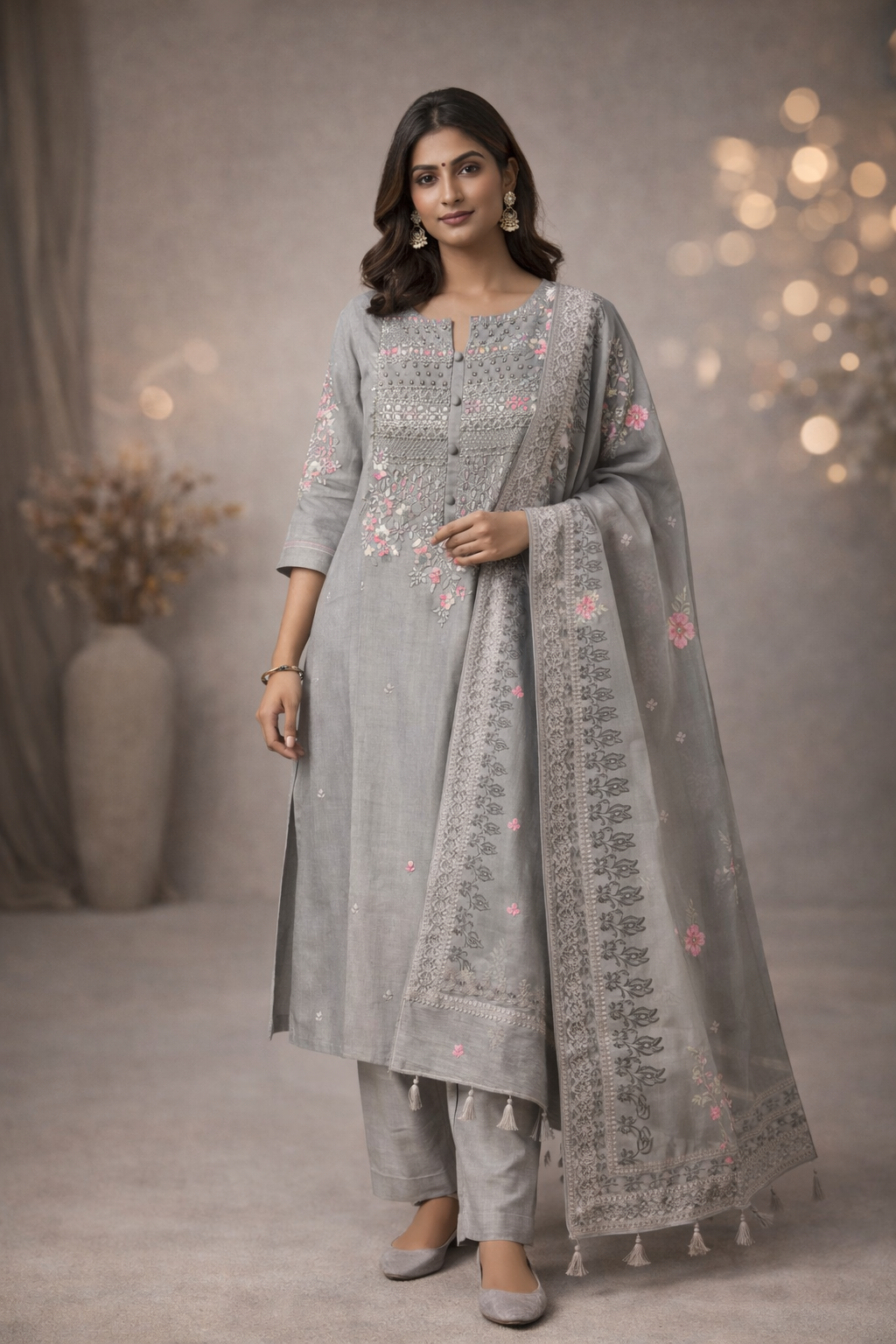 XL SIZE| Premium Silk 3 Pieces Stitched Kurti/Salwar Suit| Grey